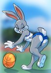 2024 anthro ball barefoot basketball_(ball) bent_over biped blurred_background bodily_fluids bottomwear buckteeth bugs_bunny bulge bulge_from_behind butt clothed clothing digital_media_(artwork) feet femboy glistening glistening_body gloves handwear hi_res lagomorph leporid lidded_eyes long_ears looking_at_viewer looney_tunes male male_anthro mammal multicolored_body one_leg_up paws plantigrade rabbit raised_leg rear_view shirt short_tail shorts smile solo somescrub space_jam sportswear sweat tail teeth topwear tuft two_tone_body warner_brothers