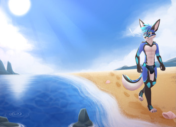 anthro beach biped blue_body blue_eyes bulge claws clothed clothing fin fur hair jockstrap male on_ground outside sand sea seaside sky slim slim_anthro solo tail topless underwear walking water white_body andyocelot rodrisrell canid canine fox jex mammal hi_res