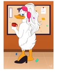 alternate_view angry anthro avian_butt border bra_on_head butt clothing coffee_cup container cross-popping_vein cup exhausted female footwear footwear_only hair high_heels long_hair looking_at_viewer mostly_nude one_shoe_on overworked_employee shoes shoes_only solo tail white_border workplace_nudity kinkypeach disney disney's_house_of_mouse daisy_duck anatid anseriform avian bird duck hi_res