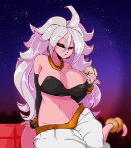 arm_warmers armwear big_breasts black_nails black_sclera bracelet breasts clothed clothing colored_nails dessert doughnut eating female food gold_(metal) gold_jewelry hair holding_food holding_object jewelry long_hair looking_at_viewer nails navel neck_ring night not_furry pastry pink_body pink_skin pink_tail red_eyes sky solo star starry_sky tail white_hair geeflakes dragon_ball dragon_ball_fighterz android_21 majin_android_21 alien alien_humanoid humanoid majin 2018 absurd_res digital_media_(artwork) hi_res