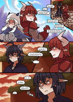 bodily_fluids clawed_hands clothed clothing dark_hair dialogue hair horn humanoid_pointy_ears male monster_girl_(genre) open_mouth pointy_ears red_eyes red_hair simple_background sweat sweatdrop text weapon white_hair yellow_eyes shriekingmagpie horned_humanoid humanoid comic digital_media_(artwork) english_text hi_res
