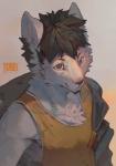 2019 ambiguous_species anthro black_clothing black_hair black_nose chest_tuft clothing dated fur fur_tuft grey_body grey_fur hair kunaru male mammal signature simple_background sleeveless_shirt solo tuft