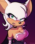 anthro armwear breasts choker cleavage clothed clothing collarbone eyelashes female glistening green_eyes hand_on_hip jewelry looking_at_viewer necklace solo tan_body white_body psicoyote sega sonic_the_hedgehog_(series) rouge_the_bat bat mammal 2024 hi_res portrait