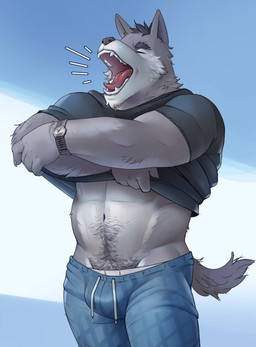anthro arm_tuft beard belly belly_hair black_hair blue_background body_hair bottomwear bulge clock clothed clothing clothing_lift drawstring ear_piercing elbow_tuft eyes_closed facial_hair hair hairy happy_trail male manly musclegut muscular mustache navel open_mouth pants piercing pubes raised_clothing raised_shirt raised_topwear shirt shirt_lift simple_background solo tongue tongue_out topwear tuft underwear undressing watch wristwatch yawn highpups canid canine canis mammal wolf 2024 absurd_res hi_res