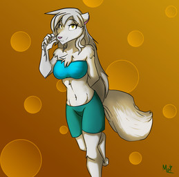 anthro arm_tuft bottomwear breasts chest_tuft clothed clothing elbow_tuft female fur looking_at_viewer navel pink_nose shorts simple_background smile solo topwear tube_top tuft white_body white_fur yellow_eyes matz_the_kames twokinds raine_silverlock canid canine canis keidran mammal wolf absurd_res hi_res