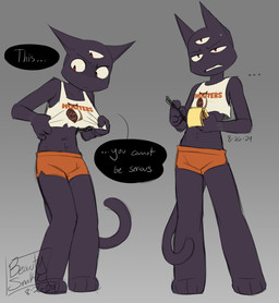 3_eyes anthro dialogue grey_background holding_object holding_pen hooters_uniform male male_anthro midriff multi_eye pen simple_background solo standing tail text beauty_snake cult_of_the_lamb femboy_hooters hooters massive_monster_(studio) narinder domestic_cat felid feline felis mammal 2024 absurd_res dated digital_drawing_(artwork) digital_media_(artwork) english_text hi_res signature
