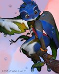 ambiguous_gender anthro biped bracelet branch clothed clothing feathered_wings feathers feral jewelry leaf open_mouth outside simple_background sitting sky solo surprised_expression water_drop wings stealthnachos arthropod avian bird 2021 4:5 digital_media_(artwork) hi_res