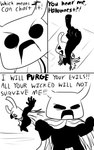 2_horns 3_panel_comic 5_fingers biped black_body black_eyes black_text cloak clothing dialogue exclamation_point eyebrows fingers horn male open_mouth pose question_mark solo standing talking_to_self text white_head skeletorskeletonized hollow_knight team_cherry zote_(hollow_knight) arthropod 2020 5:8 comic digital_media_(artwork) english_text hi_res monochrome