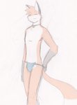 anthro bell bell_collar brown_pawpads bulge clothed clothing clothing_pull collar eyes_closed front_view fur grin hand_on_butt jingle_bell long_tail male orange_body orange_fur orange_tail out_of_frame pawpads smile solo tail topless topless_male underwear underwear_pull tohfu fayt_(tohfu) kyo_(tohfu) canid canine fox mammal sketch