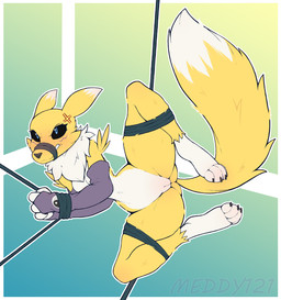 4_toes angry anthro arms_tied black_sclera blue_eyes border bound breasts brown_nose clothing cross-popping_vein ears_back feet female fluffy fluffy_tail frogtied front_view fully_bound genitals gradient_background green_background innie_vulva legs_tied muzzle_(object) muzzled neck_tuft paws pivoted_ears rope shy simple_background snout solo tail teeth thick_thighs toes tuft vulva white_body white_border yellow_body yellow_tail meddy bandai_namco digimon canid canine digimon_(species) fox mammal renamon absurd_res hi_res