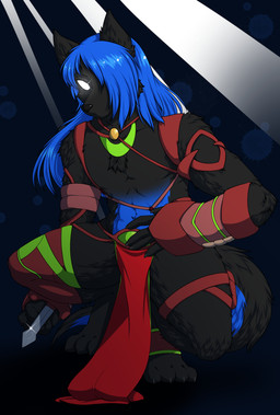 anthro blue_hair bottomwear clothing crouching dagger hair loincloth long_hair male melee_weapon no_pupils solo weapon lovelesskiax canid canine mammal hi_res