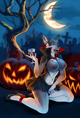 anthro big_breasts biped blood bodily_fluids bottomwear breasts cape cemetery clothed clothing collar female food fruit glass holidays jack-o'-lantern kneeling moon night nipples outside plant pumpkin skirt solo tombstone topless tree demicoeur halloween runa_(theredhare) canid canine canis domestic_dog mammal spitz swedish_vallhund vampire 2016 digital_media_(artwork) hi_res shaded
