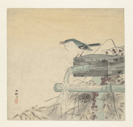 ambiguous_feral ambiguous_gender avian_feet bamboo beak biped bipedal_feral cjk_character feathered_wings feathers feral flowing_water fountain grass open_beak open_mouth plant side_view simple_background solo standing tail tail_feathers water wings ohara_koson public_domain avian bird chat_(bird) nightingale old_world_flycatcher oscine passerine saxicoline 20th_century absurd_res ancient_art hi_res traditional_media_(artwork)