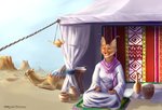 anthro carpet clothed clothing desert detailed_background ear_piercing ear_ring earthenware female fur outside piercing ring_piercing smile solo tent tobacco_pipe travel dimonis microsoft the_elder_scrolls camel camelid felid feline khajiit lynx mammal 2019 hi_res signature watermark