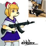 aks-74u anthro clothing female gun ranged_weapon school_uniform solo uniform weapon zhibita dogelore doge canid canine canis domestic_dog mammal shiba_inu spitz 1:1 digital_media_(artwork) meme