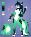 anthro big_breasts black_body black_fur black_hair blue_eyes blush breasts butt color_swatch eyeshadow featureless_breasts featureless_crotch female fingerpads fur fur_markings green_body green_fur hair inner_ear_fluff long_hair looking_at_viewer makeup markings pawpads smile solo standing tuft wave white_body white_fur evlass amilia_(mavis_delcat) felid feline lynx mammal hi_res