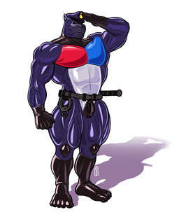 anthro baton belt black_latex blue_latex bulge clothing cuff_(restraint) detailed_bulge genital_outline gesture gloves handcuffs handwear latex latex_clothing latex_gloves latex_handwear latex_mask latex_skinsuit male mask metal_cuffs muscular muscular_anthro muscular_male muscular_thighs pecs penis_outline police police_hat raised_arm restraints salute shadow simple_background skinsuit solo tight_clothing white_background owy hi_res