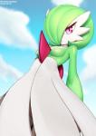 alternate_version_at_source blue_sky breasts clothed clothing cloud dress eyelashes female gardevoir generation_3_pokemon hair hair_over_eye looking_at_viewer low-angle_view neocoill nintendo not_furry one_eye_obstructed pink_eyes pokemon pokemon_(species) sky solo
