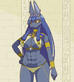 abs anthro breast_squish breasts clothed clothing ear_tuft egyptian egyptian_clothing female fingers fur fur_tuft navel skimpy squish tuft yellow_eyes tukareta_inu egyptian_mythology middle_eastern_mythology mythology tsukareta-inu_no_anime anubis canid canine canis deity jackal mammal hi_res