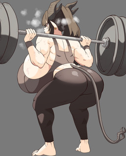athletic athletic_female barbell barefoot big_breasts bodily_fluids breasts butt clothing crop_top curvy_figure exercise feet female huge_breasts hyper hyper_breasts leggings legwear looking_away muscular muscular_female rear_view shirt side_boob solo sweat topwear voluptuous weightlifting workout nuclearwasabi demon demon_humanoid humanoid absurd_res hi_res