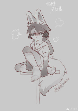 4_toes 5_fingers accessory annoyed anthro bangs blush blush_lines bottomwear breath chair clothing crossed_legs embarrassed eyebrow_through_hair eyebrows feet fingers foot_focus footwear fox_ears fox_tail furniture gloves_(marking) grey_background hair hair_accessory inner_ear_fluff knee_highs knee_socks legwear long_hair long_socks looking_at_viewer male markings on_chair ponytail pouting school_uniform shorts simple_background sitting sitting_on_chair sock_fetish socks solo text toes translucent translucent_hair tuft uniform weibo_logo young young_anthro young_male teien weibo canid canine canis fox mammal absurd_res chinese_text dated hi_res monochrome signature translated