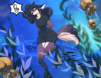 anthro black_hair breasts cheek_tuft claws clothed clothing dress ear_piercing facial_tuft flippers fluffy fluffy_tail fur grey_body grey_eyes grey_fur hair long_hair looking_at_viewer piercing ring_piercing sea seaweed solo symbol tail toilet tuft water wetsuit white_body white_fur white_inner_ear shyryp aquatic canid canine cnidarian fish fox jellyfish mammal medusozoan absurd_res digital_media_(artwork) hi_res