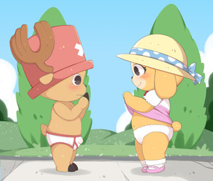 anthro blush bottomwear clothed clothing clothing_lift day duo embarrassed female grass male outside panties plant side_view skirt skirt_lift smile topless tree underwear young anonymous_artist maple_town one_piece rolly_(maple_town) tony_tony_chopper canid canine canis deer domestic_dog mammal new_world_deer reindeer absurd_res hi_res