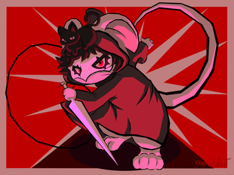 action_pose angry cloak clothing duo feral fighting_pose fur hair holding_object holding_sewing_needle holding_weapon hoodie infinity_symbol looking_at_viewer lying lying_on_another lying_on_head male mask mouthless no_eyebrows paws perspective pose pupils red_background red_body red_cloak red_clothing red_eyes red_fur red_hair red_hoodie red_mask red_nose red_topwear sewing_needle simple_background slit_pupils standing string symbol topwear weapon whiskers young mouselect atlus megami_tensei persona_(series) persona_5 sega transformice ren_amamiya domestic_cat felid feline felis mammal mouse murid murine rodent 4:3 digital_drawing_(artwork) digital_media_(artwork) digital_painting_(artwork) monochrome painting_(artwork) red_monochrome