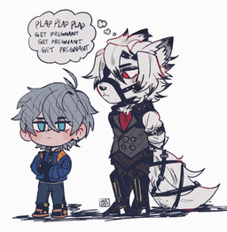 anthro ascot chibi clothing duo fur grey_hair hair harness humor leather leather_harness male male/male sound_effects text topwear vest white_body white_fur sennyskies mihoyo plap_plap_get_pregnant zenless_zone_zero von_lycaon wise_(zenless_zone_zero) canid canine canis human mammal wolf english_text hi_res meme