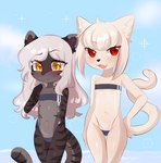 anthro blush breasts clothed clothing duo female fingers flat_chested fur hair loli looking_at_viewer navel one-piece_swimsuit open_mouth red_eyes smile swimwear tongue translucent translucent_clothing translucent_swimwear yellow_eyes young young_anthro aoizuri gris_swimsuit meme_clothing amalia_(claralaine) ghost_(claralaine) domestic_cat felid feline felis ghost mammal spirit digital_media_(artwork) hi_res meme