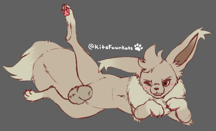 animal_genitalia balls blush brown_balls brown_body brown_fur brown_tail feral fully_sheathed fur genitals grey_background lying male male_feral on_side one_eye_closed pawpads paws pink_pawpads raised_leg sheath simple_background solo tail kits4kats nintendo pokemon eevee generation_1_pokemon pokemon_(species) 2025 full-length_portrait portrait