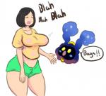 ambiguous_gender big_breasts black_hair bottomwear breasts cleavage clothed clothing curvy_figure dialogue duo eyes_closed female hair human_focus humor not_furry open_mouth pale_skin shirt shorts simple_background speech_bubble standing text thick_thighs topwear voluptuous white_background wide_hips yellow_eyes immortalstar nintendo pokemon selene_(pokemon) cosmog generation_7_pokemon human legendary_pokemon mammal pokemon_(species) 2016 english_text