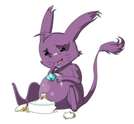 3_toes 4_fingers anthro arms_bent beady_eyes belly belly_gem black_eyes bloated cake dessert ear_tuft eating eating_cake eating_food eyebrows feet fingers food food_on_face fur gem hair light long_ears long_tail male male_anthro markings messy_eater noseless nude_anthro nude_male open_mouth open_smile pink_tongue purple_body purple_eyebrows purple_fur purple_tail purple_tail_tuft sapphire_(gem) short_hair simple_background sitting small_hands smile solo spread_legs spreading tail tail_tuft toes tongue tuft whisker_markings white_background zade-cathedral kappa_mikey guano_(kappa_mikey) mammal unknown_species 2011 colored digital_drawing_(artwork) digital_media_(artwork) english_description full-length_portrait hi_res lighting portrait shaded