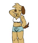 anthro athletic_wear bottomwear bra brown_body camel_toe clothed clothing crossgender dolphin_shorts eyes_closed female floppy_ears gym_bottomwear gym_shorts hand_behind_head hands_behind_back head_tuft mtf_crossgender shorts simple_background slightly_chubby smile standing tuft underwear white_background bitalie housepets! bino_(housepets!) bird_dog canid canine canis domestic_dog hunting_dog mammal