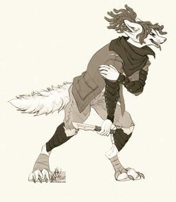 ambiguous_gender anthro bottomwear claws clothing coat dagger dreadlocks melee_weapon open_mouth pants smile solo tongue tongue_out topwear weapon wounded chutkat canid canine fox mammal 2014 monochrome sepia