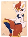 ambiguous_gender anthro biped fur orange_eyes red_body red_fur short_tail smile solo tail white_body white_fur toxicmilkyx nintendo pokemon cinderace generation_8_pokemon pokemon_(species)