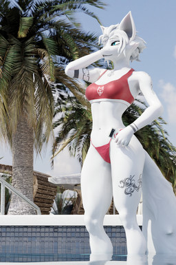 anthro blue_eyes breasts cellphone clothing electronics female female_anthro hair medium_breasts palm_tree phone plant smartphone solo swimming_pool swimwear tattoo tree two-piece_swimsuit white_body white_hair golem_(artist) maxine_(domibun) canid canine fox mammal 3d_(artwork) absurd_res digital_media_(artwork) hi_res
