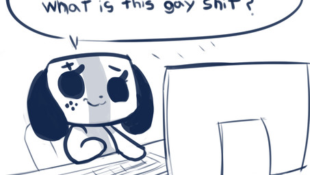 anthro black_ears chair computer_keyboard desk dialogue electronics eyelashes female freckles furniture monitor no_pupils simple_background sitting smile solo speech_bubble table text white_background kekitopu nintendo nintendo_switch switch_dog animate_inanimate canid mammal blue_and_white digital_drawing_(artwork) digital_media_(artwork) english_text greyscale hi_res meme monochrome reaction_image