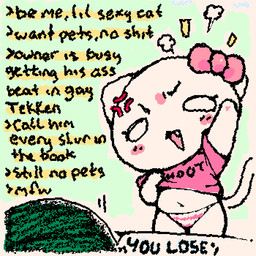 ambiguous_form ambiguous_gender angry anthro anthro_focus biped black_text bottomwear bow_ribbon chibi clothed clothed_anthro clothed_female clothing clothing_lift cross-popping_vein cute_fangs duo emanata empty_eyes eyebrows fangs featureless_hands female female_anthro female_focus greentext_(format) humor navel noseless open_mouth panties pattern_bottomwear pattern_clothing pattern_panties pattern_underwear pink_clothing pink_ribbon pink_shirt pink_topwear shirt shirt_lift simple_eyes solo_focus squigglevision standing striped_bottomwear striped_clothing striped_panties striped_underwear stripes stylized_empty_eyes tail teeth text text_on_clothing text_on_shirt text_on_topwear topwear underwear white_body white_eyes white_tail ligma_(artist) 4chan moot domestic_cat felid feline felis mammal 1:1 2026 animated digital_media_(artwork) english_text handwritten_text wigglypaint_(artwork)
