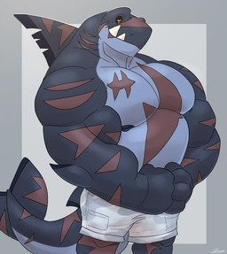 anthro barazoku biceps black_sclera bottomwear clothed clothing dorsal_fin elbow_fin fangs fin hands_together male musclegut muscular muscular_anthro muscular_arms muscular_male nipples non-mammal_nipples orange_eyes pecs scar scars_all_over shark_tail shorts smile solo teeth topless topless_anthro topless_male same22shark nelson_(same22shark) aquatic fish shark 2022 digital_media_(artwork) portrait three-quarter_portrait