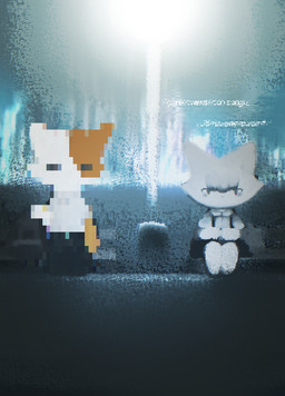 ambiguous_gender anthro bag bangs barefoot bench black_bottomwear black_clothing bodily_fluids bottomwear chibi city cityscape clothing crying duo eyes_closed featureless_feet featureless_hands feet female fur grey_body grey_clothing grey_fur grey_hair grey_tail grey_topwear hair heterochromia kemono looking_forward mouthless night orange_body orange_fur pixelated pointy_ears prick_ears sitting standing street_lamp suspenders tail tears topwear white_body white_clothing white_ears white_fur white_topwear yellow_ears hasukii herba_(hasukii) canid canine mammal unknown_species character_request