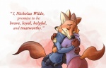 anthro clothed clothing dialogue duo eyes_closed female fur hands_behind_back hug inner_ear_fluff male mature_anthro mature_female orange_body orange_fur police police_uniform simple_background smile text tuft uniform kingdomblade disney zootopia mrs._wilde nick_wilde canid canine fox mammal red_fox true_fox english_text mother_(lore) parent_(lore) son_(lore)