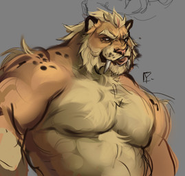 anthro beard blonde_hair facial_hair fangs fur grey_background hair looking_at_viewer male male_anthro muscular muscular_anthro muscular_male nude nude_anthro nude_male pecs sabertooth_(anatomy) simple_background solo tan_body tan_fur teeth tongue wormonacytring felid mammal prehistoric_species saber-toothed_tiger 2023 hi_res sketch