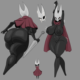 2_horns anthro areola big_breasts big_butt biped black_areola black_body black_nipples blush bodily_fluids breasts butt cloak cloak_only clothing cum cum_on_face featureless_crotch featureless_feet feet female front_view genital_fluids grey_background hands_behind_head holding_melee_weapon holding_object holding_weapon horn huge_breasts huge_butt melee_weapon navel nipples pink_cloak pink_clothing rear_view simple_background solo stretching thick_thighs weapon white_body wide_hips gallo_wazavi hollow_knight_(franchise) team_cherry hornet_(hollow_knight) arthropod insect 1:1 2025 hi_res