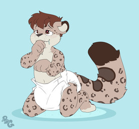 ambiguous_gender anthro blue_background blush blush_lines bodily_fluids brown_body brown_ear_tips brown_fur brown_hair brown_nose brown_tail_tip clean_diaper clothed clothing diaper diaper_only dipstick_ears dipstick_tail drooling ear_markings finger_in_mouth fur hair heart_eyes heart_symbol kneeling logo markings multicolored_ears saliva simple_background smile snaggle_tooth solo spots spotted_body spotted_fur spotted_markings spotted_tail sucking tail tail_markings thumb_in_mouth thumb_suck topless wearing_diaper whisker_spots whiskers white_diaper white_whiskers bubblepuppers drifter_(drifterkitty) felid mammal pantherine snow_leopard absurd_res artist_logo full-length_portrait hi_res portrait