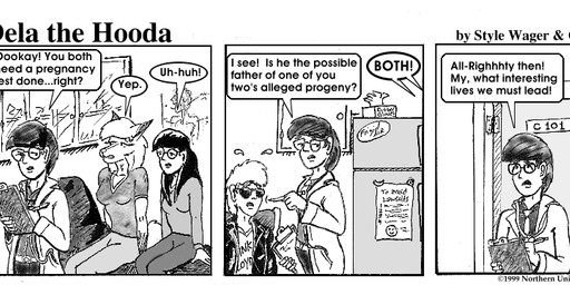 anthro breasts clipboard clothed clothed_female clothed_male clothing dialogue doctor's_office ears_back eyewear female fur glasses group hair jacket looking_up male open_clothing open_jacket open_topwear pen_(object) pivoted_ears sunglasses tail text topwear style_wager dela_the_hooda dela_aldershaw jake_mcross sue_chan_(dela_the_hooda) canid canine fox hooda human mammal 1998 1999 comic english_text greyscale monochrome