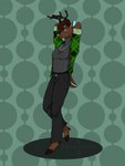 anthro antlers black_clothing blue_eyes blue_nose bottomwear brown_body brown_fur brown_hair chain chain_jewelry chain_necklace clothed clothing denim denim_bottomwear denim_clothing flannel fur green_clothing green_shirt green_topwear grey_clothing grey_topwear hair hooves horn jeans jewelry male necklace pants pattern_background shirt simple_background solo sweater tail topwear tuft turtleneck mistystar deer mammal 3:4 digital_media_(artwork) hi_res shaded