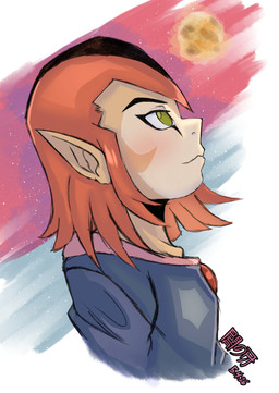 adolescent anthro bob_cut clothed clothing female flat_chested fur hair looking_up multicolored_body multicolored_fur multicolored_hair simple_background solo space young darkfang100 dynamite_comics thundercats thundercats_(dynamite) reboot_(character) wilykit animal_humanoid felid feline humanoid mammal absurd_res hi_res