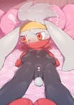 anthro bed bed_sheet bedding black_body black_fur blush bodily_fluids female fur furniture genitals pillow pussy red_eyes solo sweat white_body white_fur mizo_ne nintendo pokemon generation_8_pokemon lagomorph mammal pokemon_(species) raboot 2020 censored hi_res