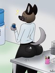 anthro beverage_can big_butt black_nose bottomwear brown_body butt clothed clothing eyes_closed furniture male marker office on_table open_mouth pants paper pencil_(object) rear_view shirt sitting solo spots table tight_clothing topwear water_cooler writing_utensil xmetalhusky aggretsuko sanrio haida_(aggretsuko) hyena mammal spotted_hyena 2019 hi_res